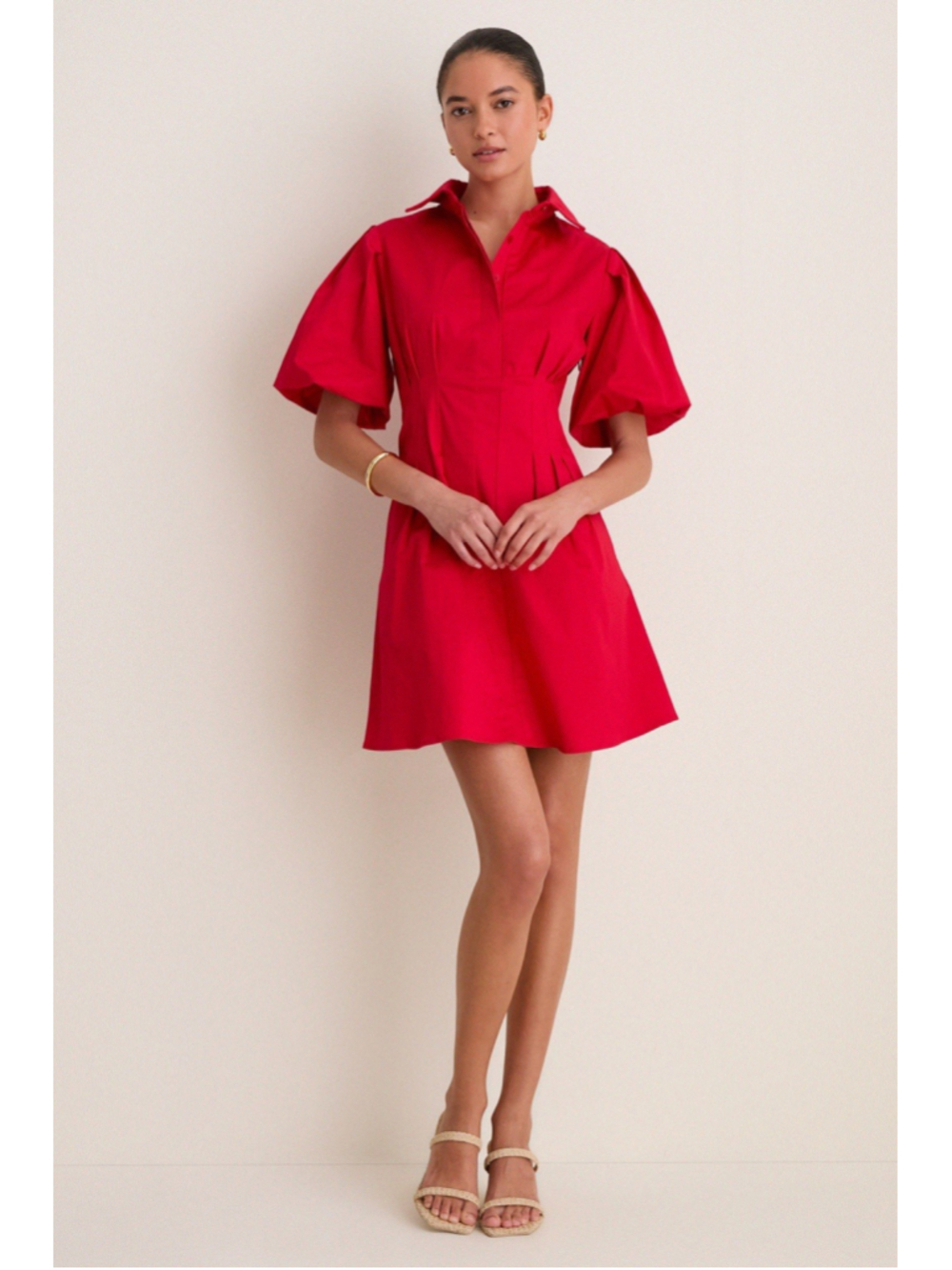 Tuckernuck Red Mini Delaney Dress Women’s L Puff Sleeve A-line Pockets Collar